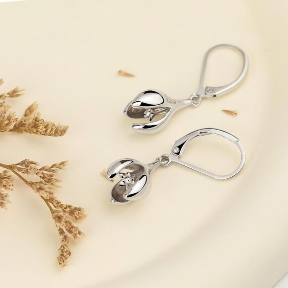 Dainty Silver- Floral Leverback Dangle Drop Hypoallergenic Earring for Women - Picture 3 of 7